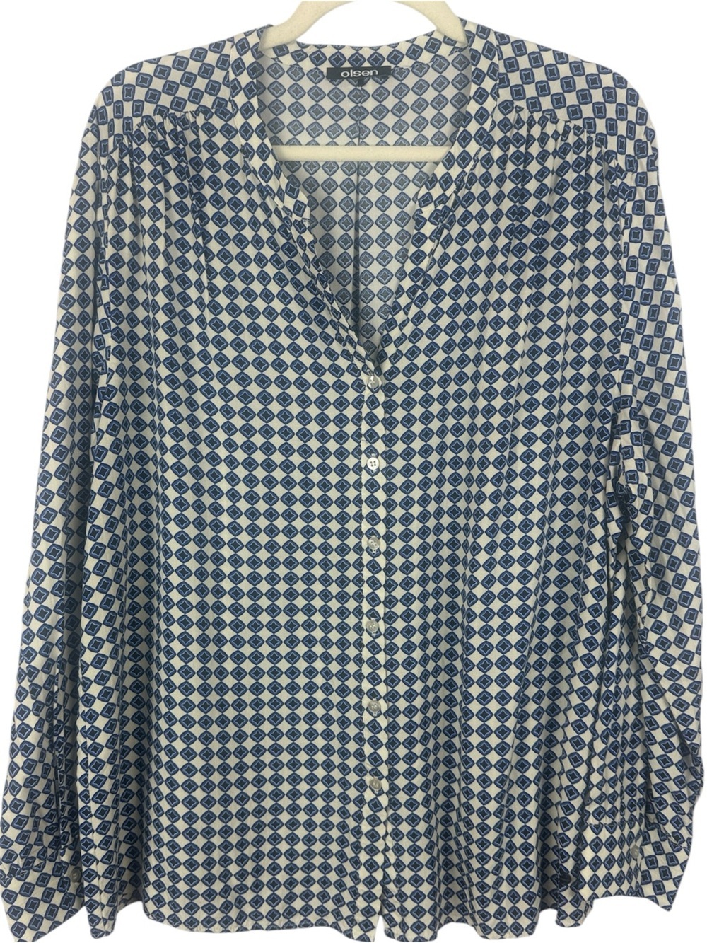 Olsen Germany Blue Geometric Diamond Print Button Down Blouse - Size US 16 / XL